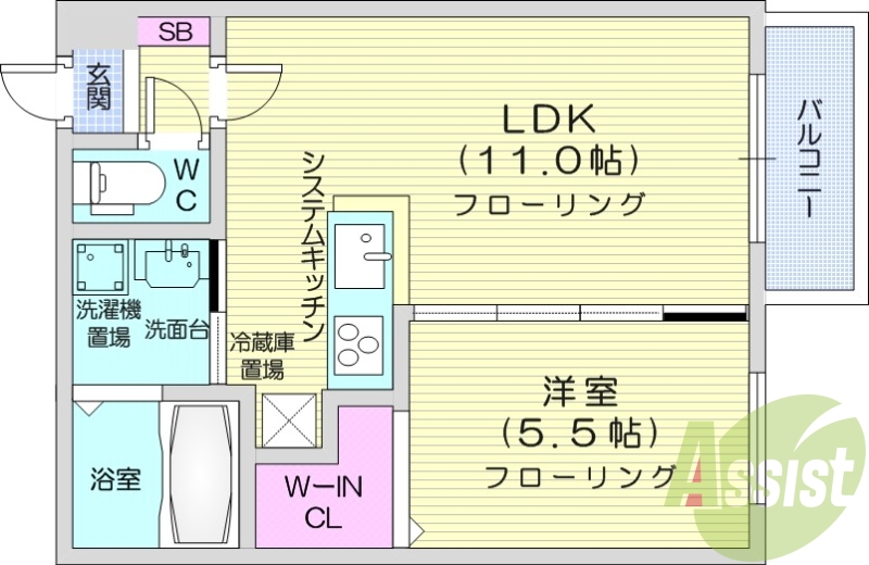 1LDK、都市ガス、システムキッチン、追い焚き、エアコン