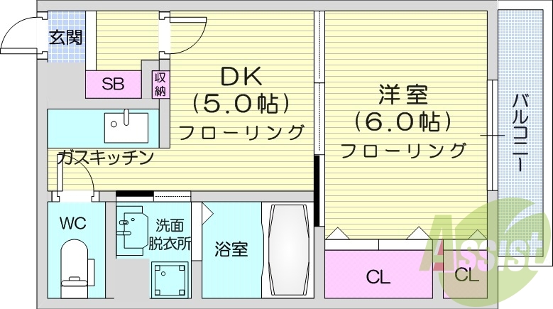 1DK、都市ガス、エレベーター、バルコニー