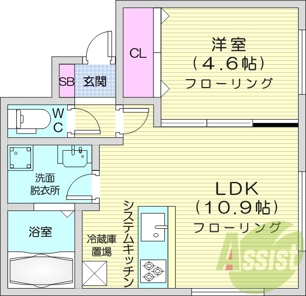 1LDK、エアコン、独立洗面台、システムキッチン、