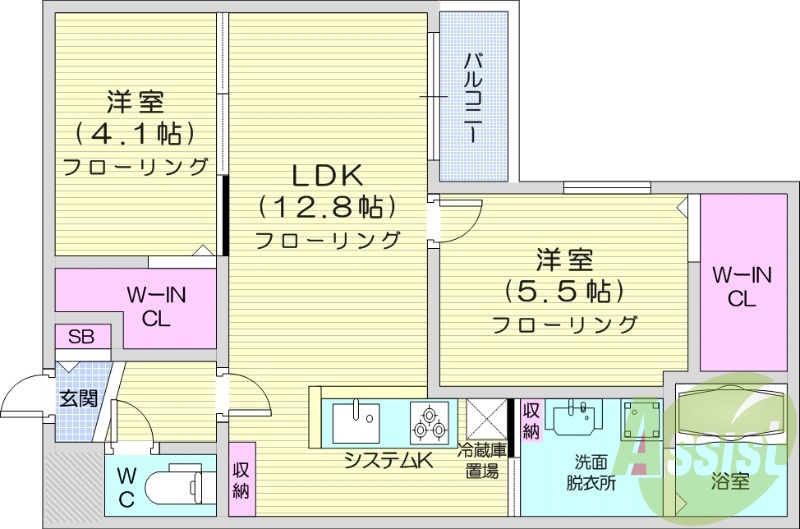 2LDK、エアコン、都市ガス、ネット無料