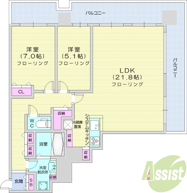 2LDK、都市ガス、オートロック、システムキッチン