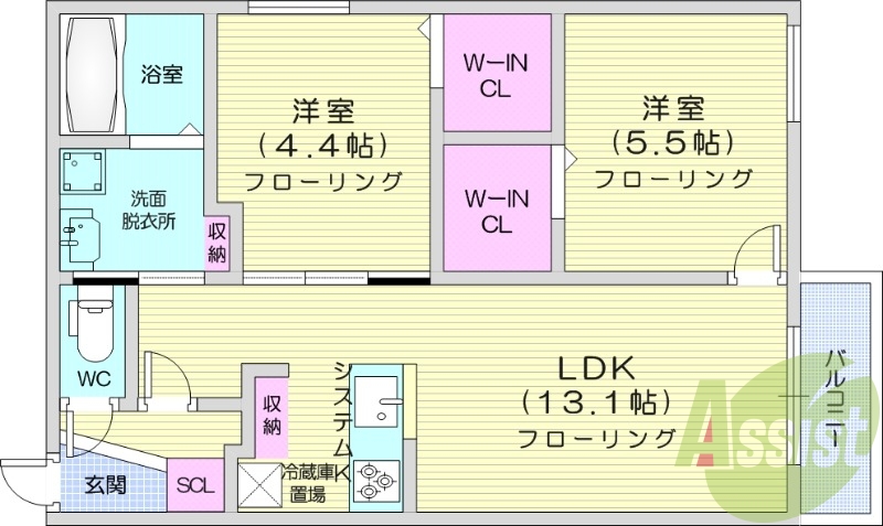 2LDK、エアコン、都市ガス、ネット無料