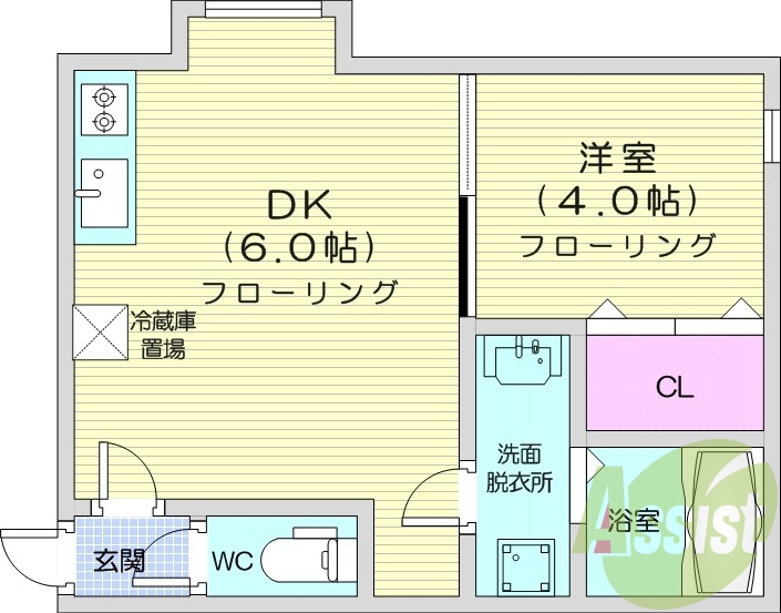 １DK、灯油暖房、洗髪洗面化粧台、バストイレ別