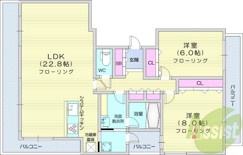 2LDK、都市ガス、エアコン、システムキッチン