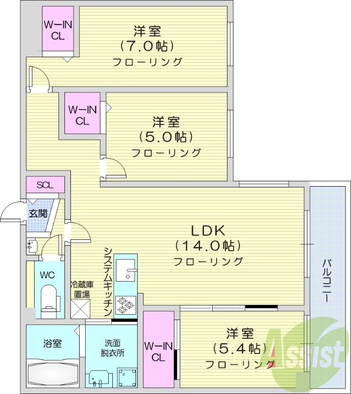 3LDK、エアコン、都市ガス、ペット飼育可能