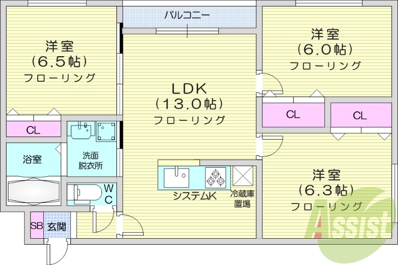 3LDK、エアコン、独立洗面台、ネット無料