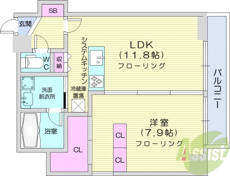 1LDK、クローゼット、システムキッチン、追炊き