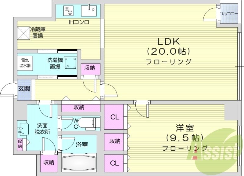 1LDK、オール電化、オートロック、システムキッチン