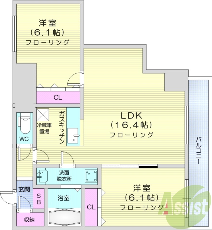 2LDK、エアコン、独立洗面台、オートロック
