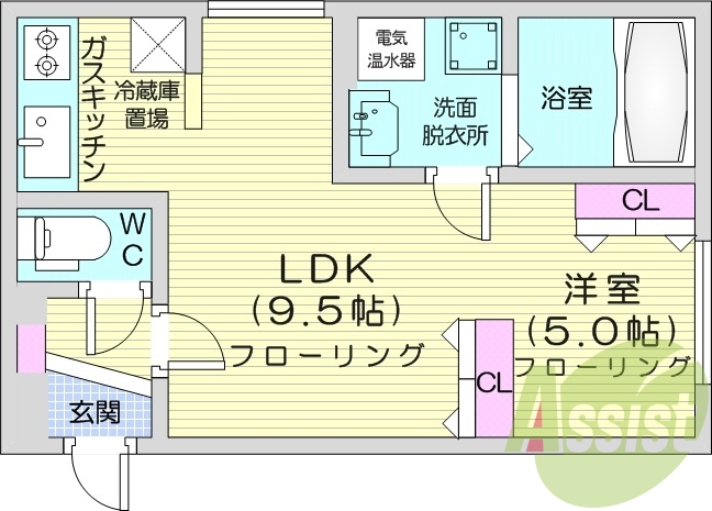 1LDK、都市ガス、ペット可、オートロック、エアコン