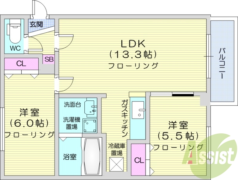 2LDK、都市ガス、角部屋、エアコン、バルコニー