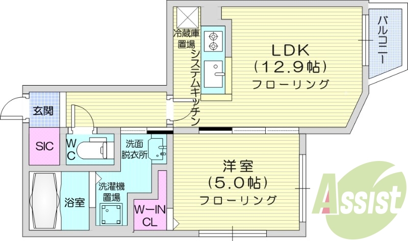 1LDK、システムキッチン、都市ガス、エアコン