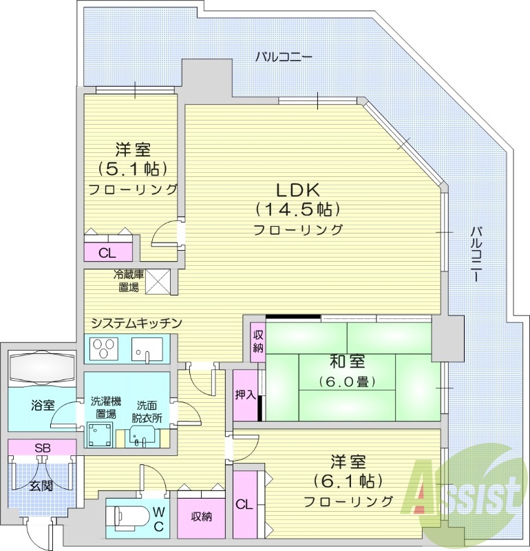3LDK、都市ガス、システムキッチン、エアコン
