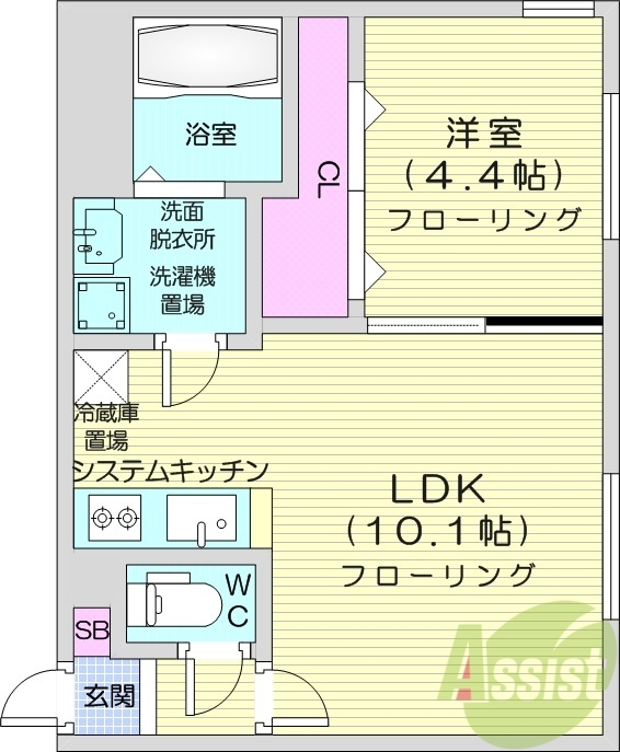1LDK、都市ガス、バストイレ別、宅配ボックス、エアコン