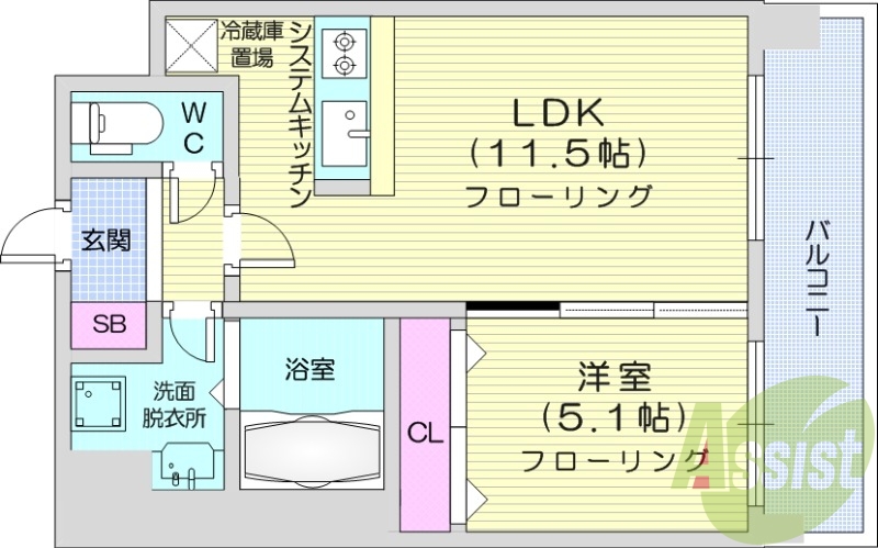 1LDK、天然ガス、システムキッチン、洗面台、浴室乾燥機