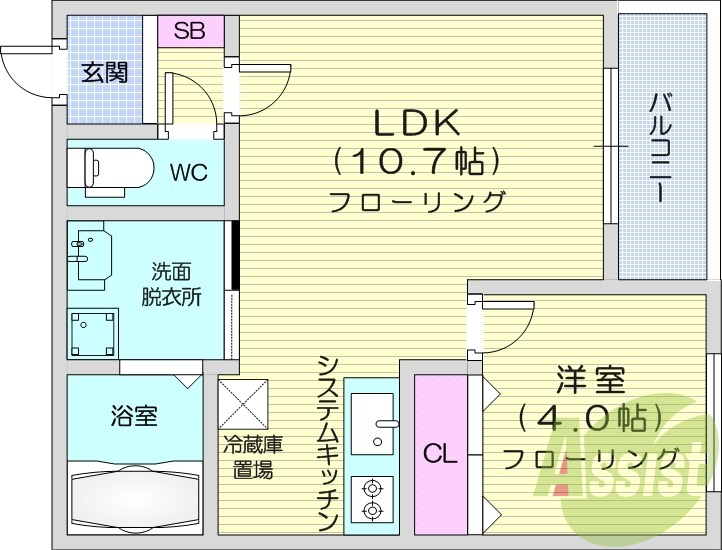 1LDK、都市ガス、浴室乾燥機、エアコン、システムキッチン