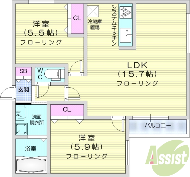 2LDK、エアコン、浴室乾燥機、システムキッチン