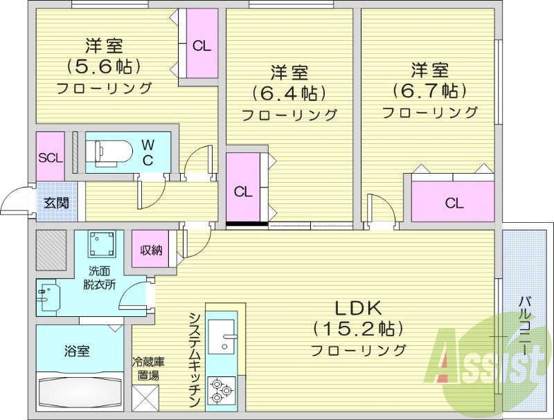 3LDK、エアコン、浴室乾燥機、システムキッチン