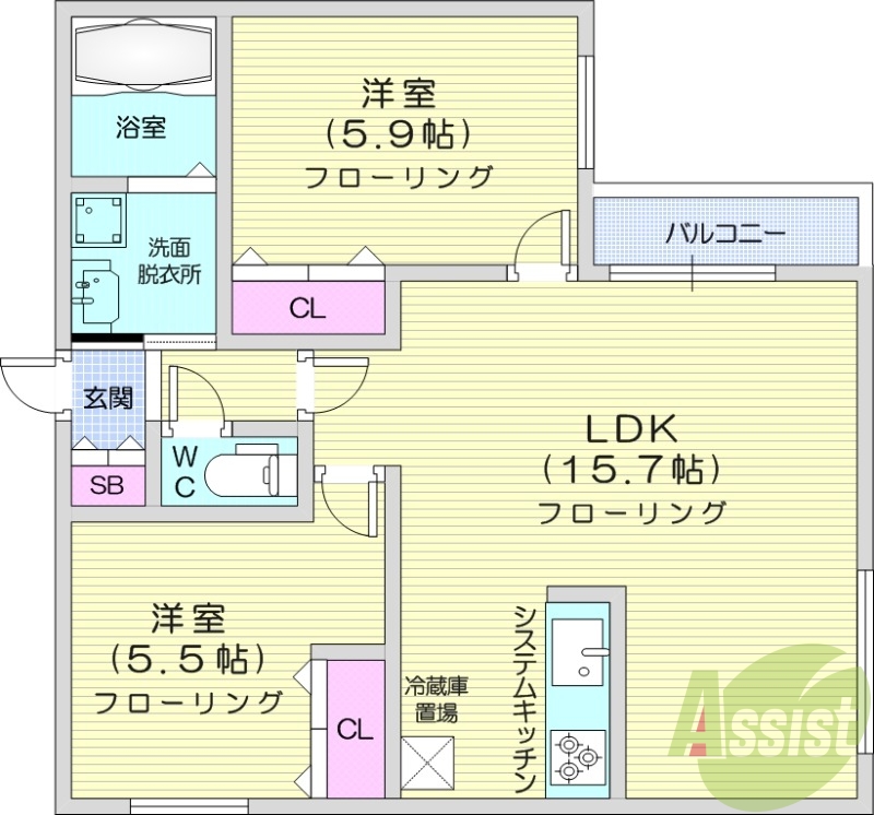 2LDK、エアコン、浴室乾燥機、システムキッチン