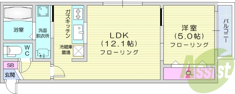 1LDK、バストイレ別、独立洗面台、テレビモニターホン