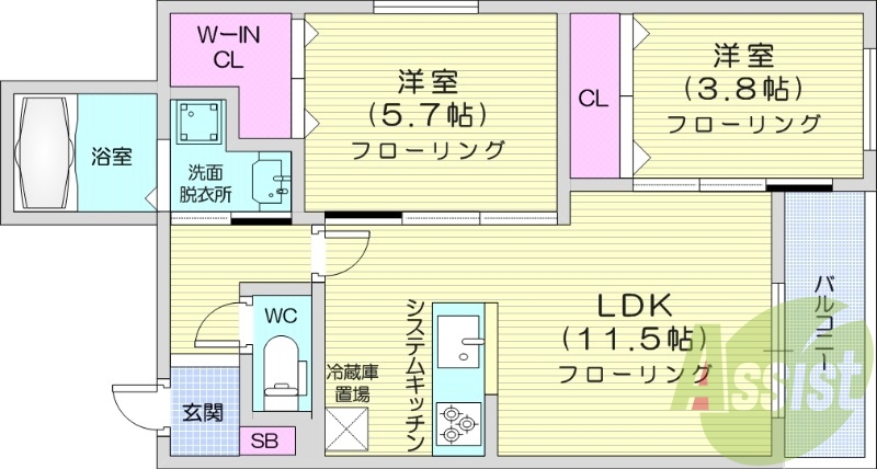 2LDK、エアコン、都市ガス、ペット飼育可能