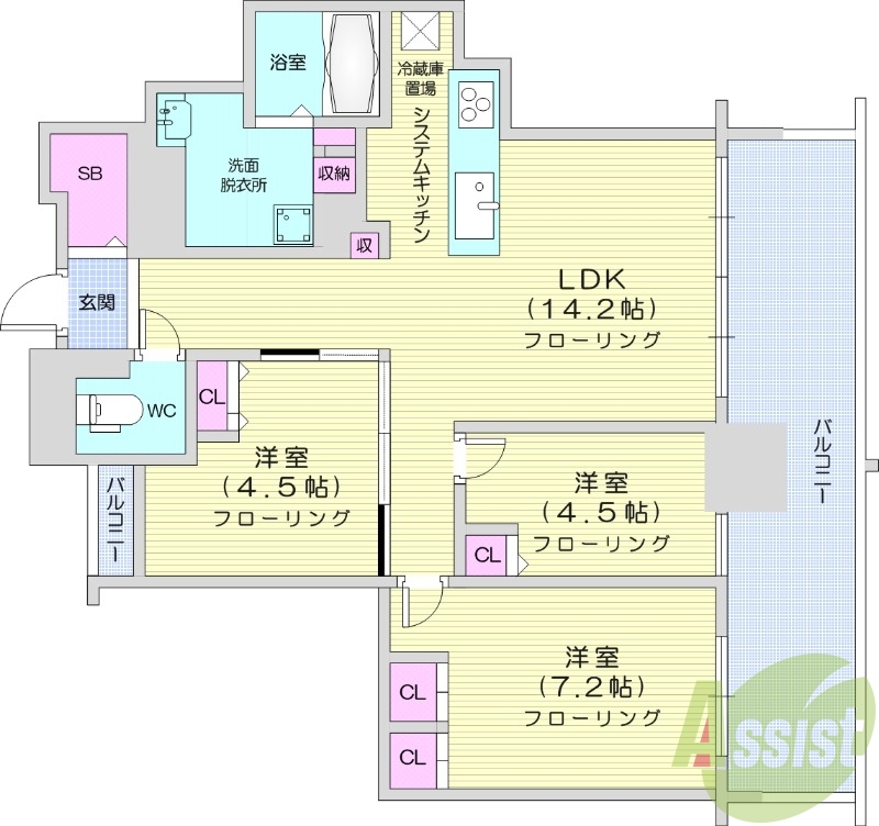 3LDK、システムキッチン、床暖房、シャワートイレ