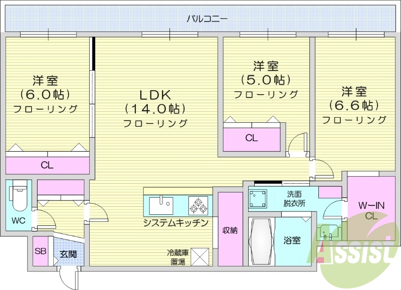 3LDK、都市ガス、追い焚き、エアコン、システムキッチン