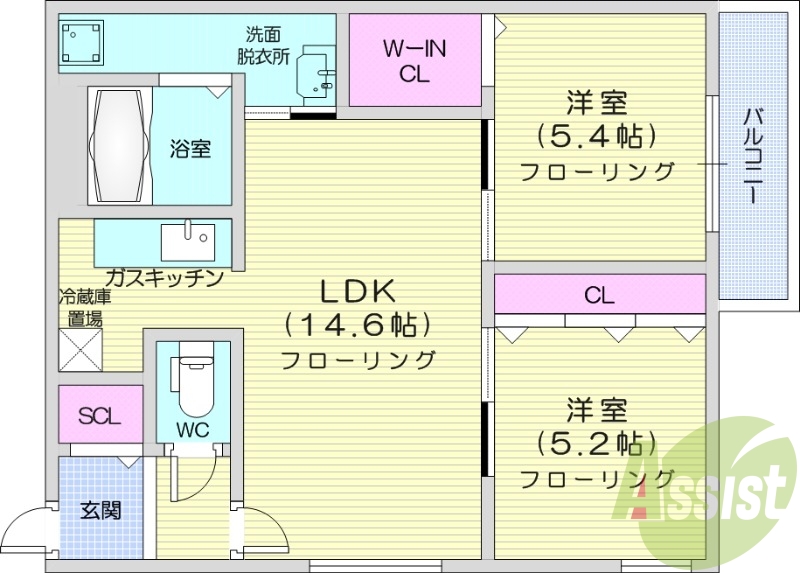 2LDK、エアコン、灯油暖房、バストイレ別