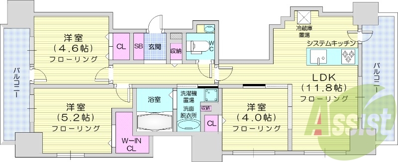 3LDK、都市ガス、ペット可、追炊き、システムキッチン