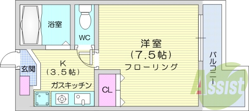 1K、クローゼット、都市ガス、暖房、シューズボックス