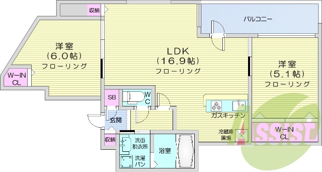 2LDK、ウォークインクローゼット、システムキッチン
