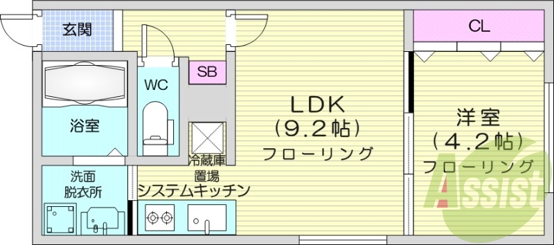 1LDK、エアコン、都市ガス、システムキッチン