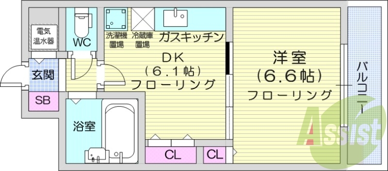 1DK、都市ガス、電気温水器、バストイレ別