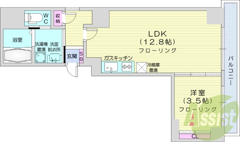1LDK、都市ガス、エアコン、システムキッチン