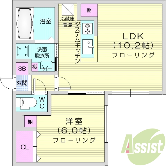 1LDK、システムキッチン、エアコン、ネット使用料不要