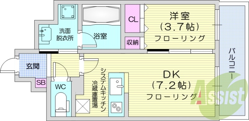 1LDK、IHシステムキッチン、シャワートイレ、都市ガス