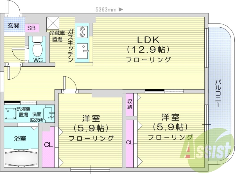 2LDK、都市ガス、シャンプードレッサー、ウォシュレット