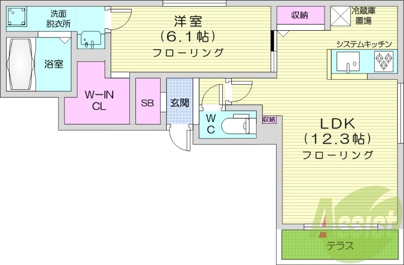 1LDK、都市ガス、エアコン、システムキッチン