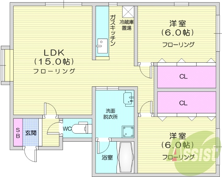 2LDK、洗髪洗面化粧台、対面キッチン、屋根付き駐輪場