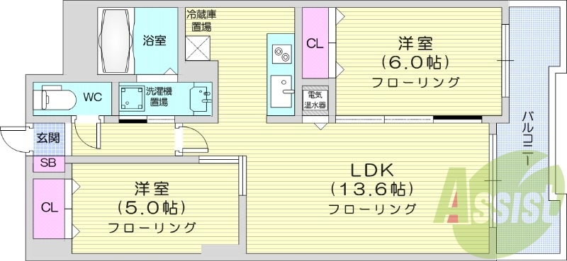 2LDK、追炊き、宅配ボックス、トランクルーム、