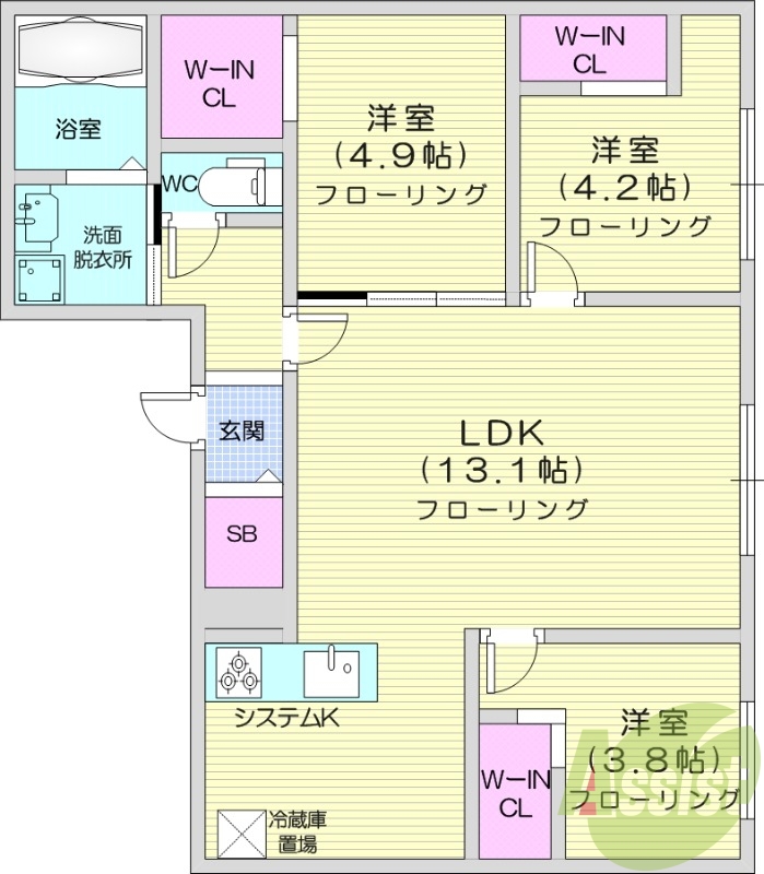 3LDK、都市ガス、エアコン、システムキッチン、浴室乾燥機