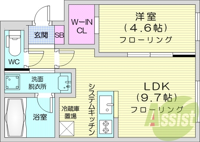 1LDK、都市ガス、エアコン、システムキッチン、浴室乾燥機