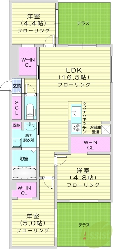 3LDK、都市ガス、エアコン、システムキッチン、浴室乾燥機