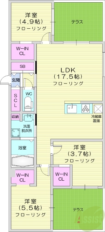 3LDK、都市ガス、エアコン、浴室乾燥機、ネット無料