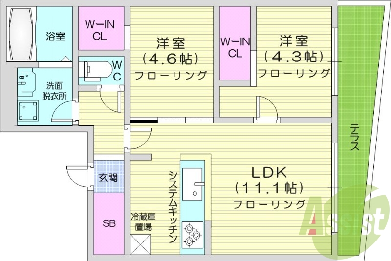 2LDK、都市ガス、エアコン、浴室乾燥機、ネット無料