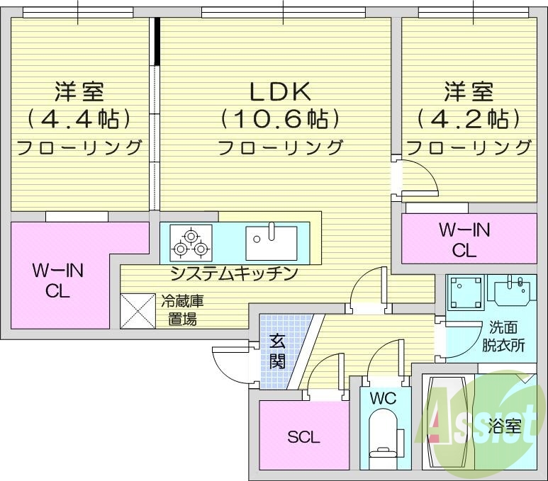 2LDK、都市ガス、エアコン、浴室乾燥機、ネット無料