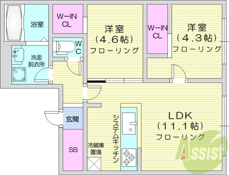 2LDK、都市ガス、エアコン、浴室乾燥機、ネット無料