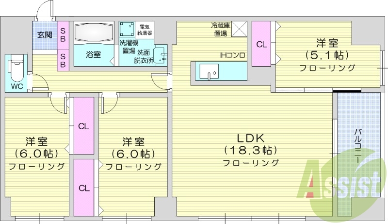 3LDK、カウンターキッチン、独立洗面台、ネット無料