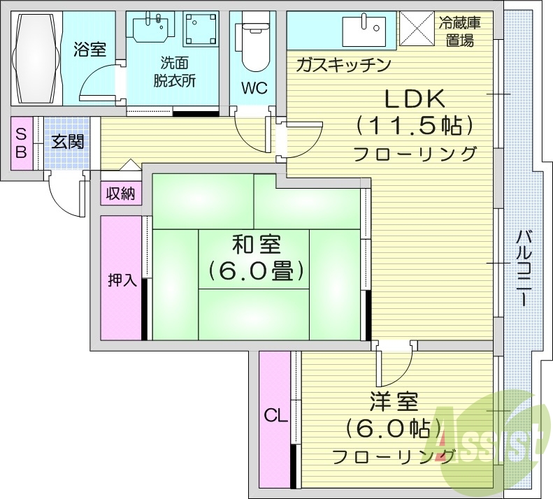 2LDK、都市ガス、灯油暖房、独立洗面台