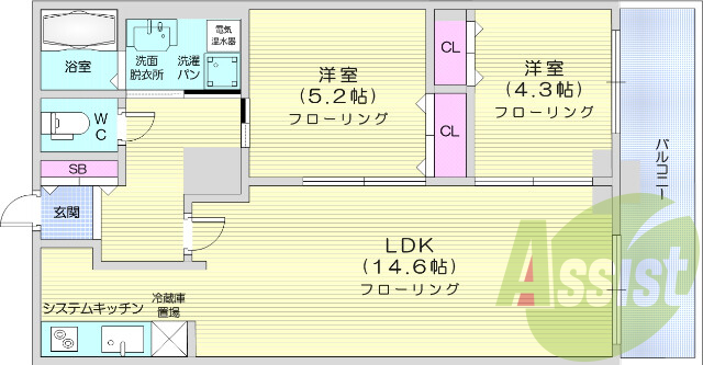 2LDK、オール電化、バルコニー、電気暖房